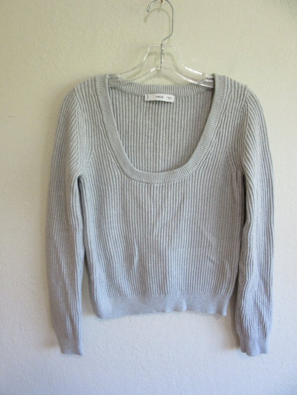 MNG Gray Ribbed Knit Scoop Neck M Pullover Long Sleeve Sweater